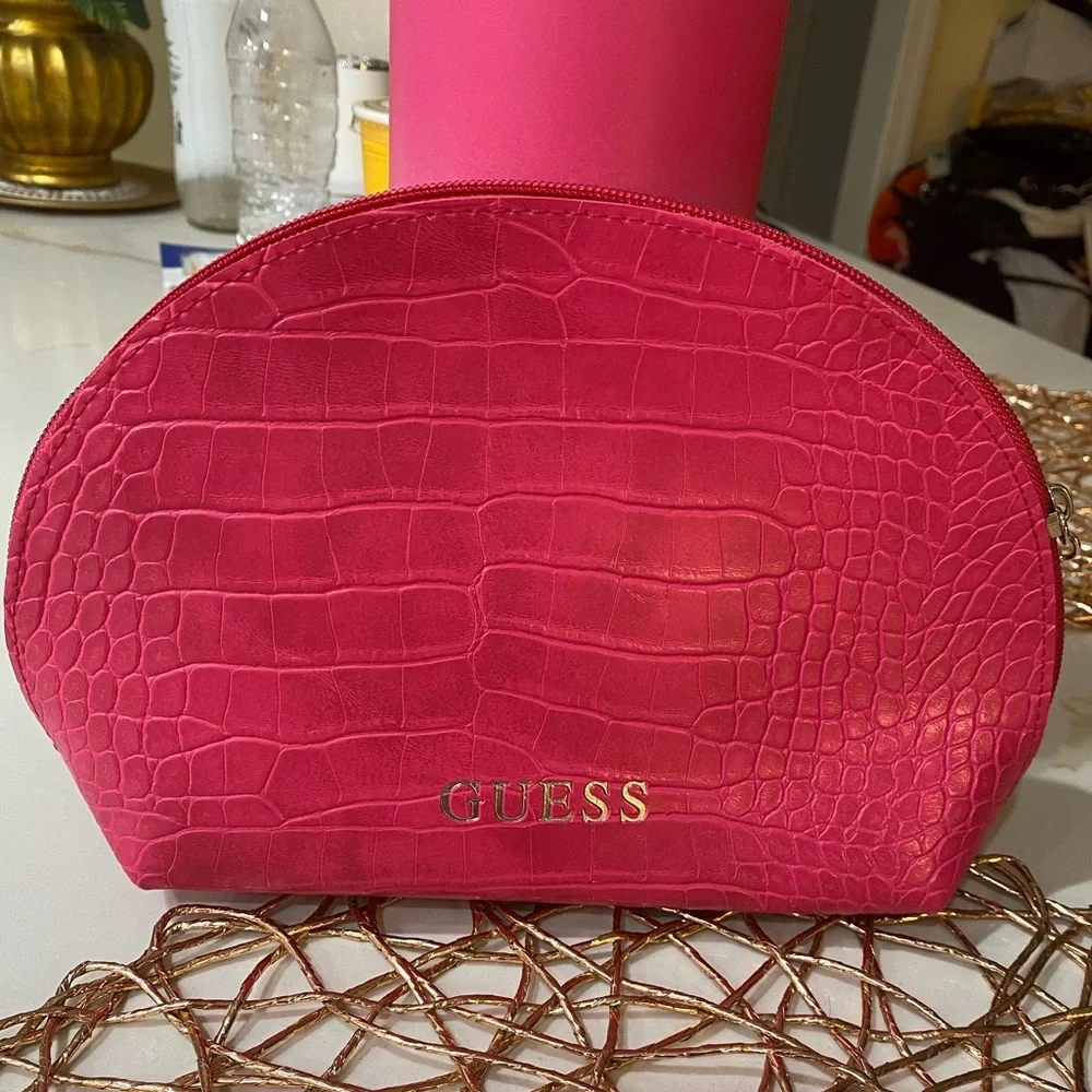 Guess Pink Cosmetic Bag with Croc-Embossed Texture
